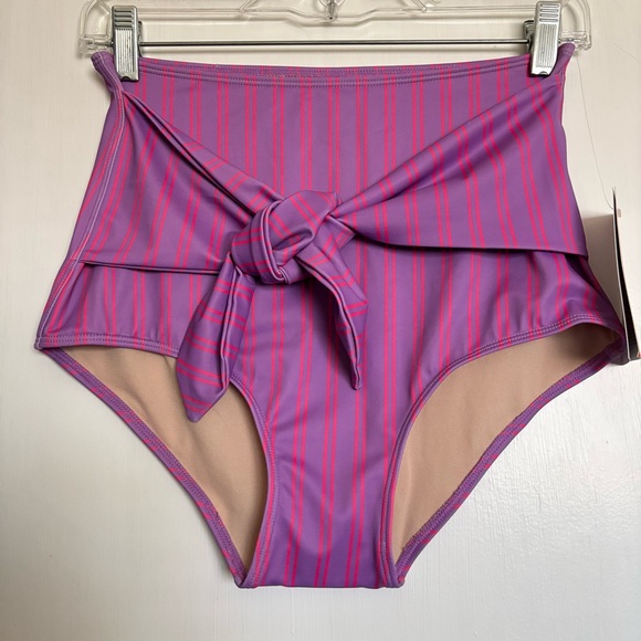 Kortni Jeane Tie Up Front Swim Bottoms Small NEW Purple Pink Striped High Waist - Picture 1 of 9